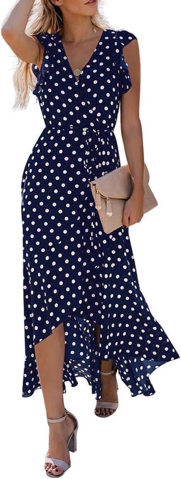imageGRECERELLE 2026 Womens Spring Summer Boho Floral Print VNeck Faux Wrap Maxi Dress for Wedding Guest Graduation Party01 Polka Dotsnavy Blue