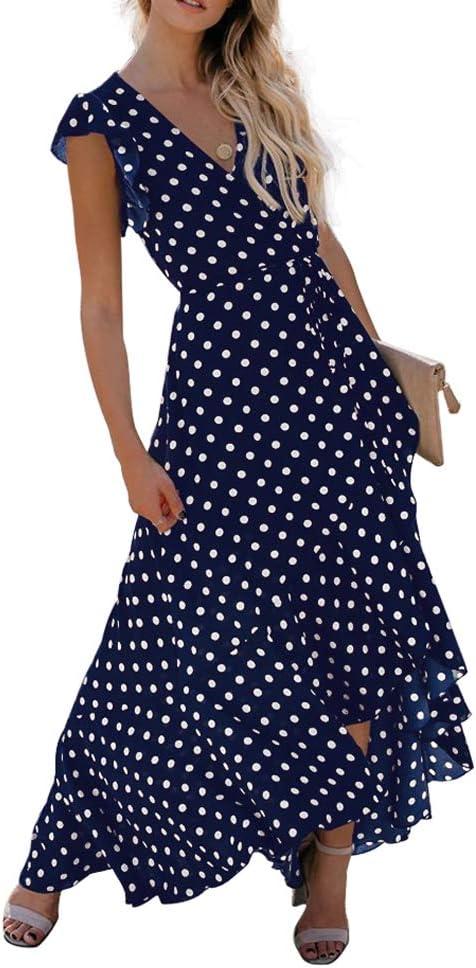 imageGRECERELLE 2026 Womens Spring Summer Boho Floral Print VNeck Faux Wrap Maxi Dress for Wedding Guest Graduation Party01 Polka Dotsnavy Blue