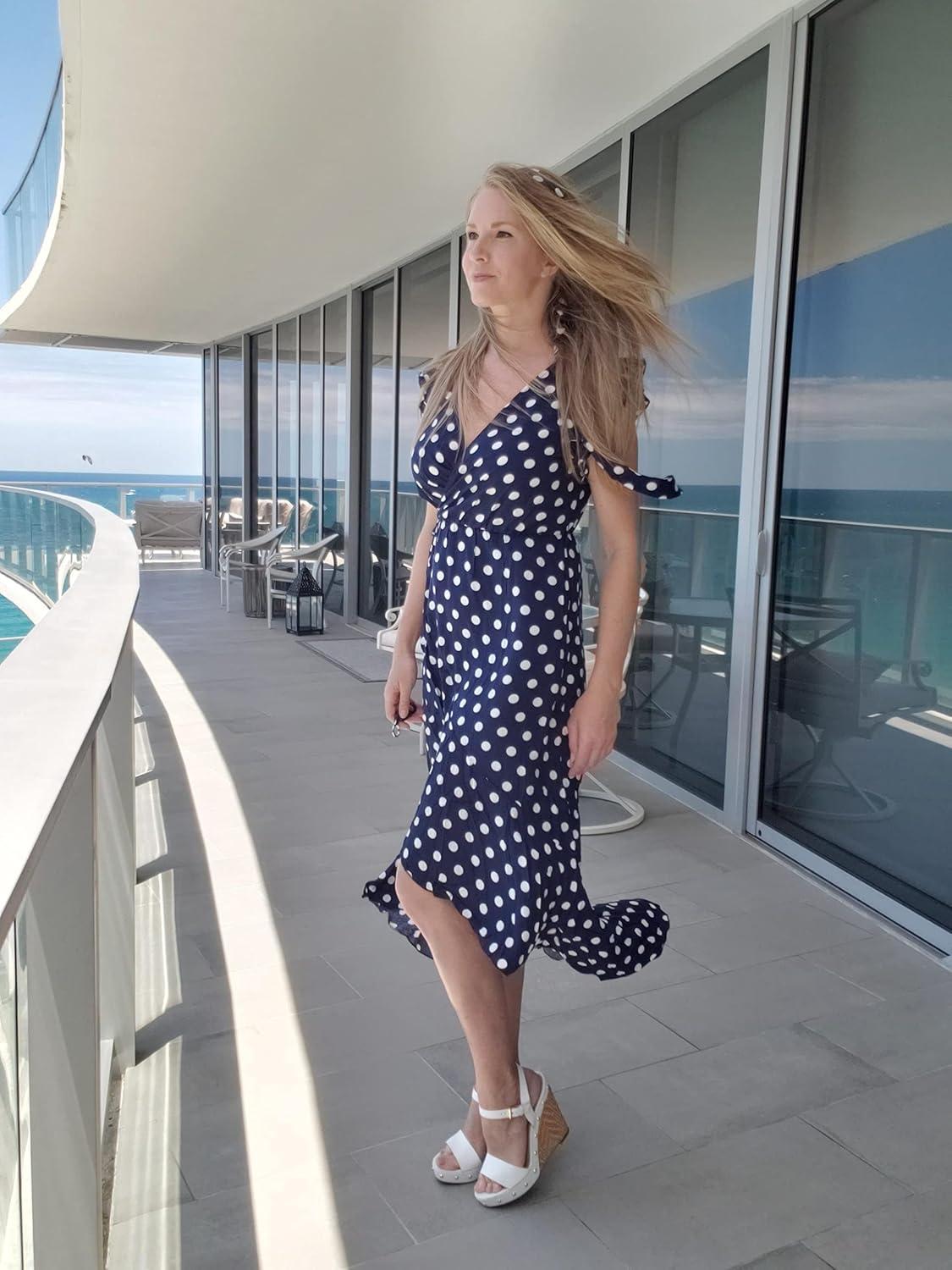 imageGRECERELLE 2026 Womens Spring Summer Boho Floral Print VNeck Faux Wrap Maxi Dress for Wedding Guest Graduation Party01 Polka Dotsnavy Blue