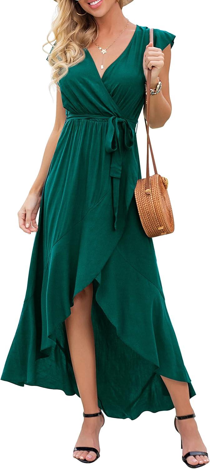 imageGRECERELLE 2026 Womens Spring Summer Boho Floral Print VNeck Faux Wrap Maxi Dress for Wedding Guest Graduation Party04 Dark Green