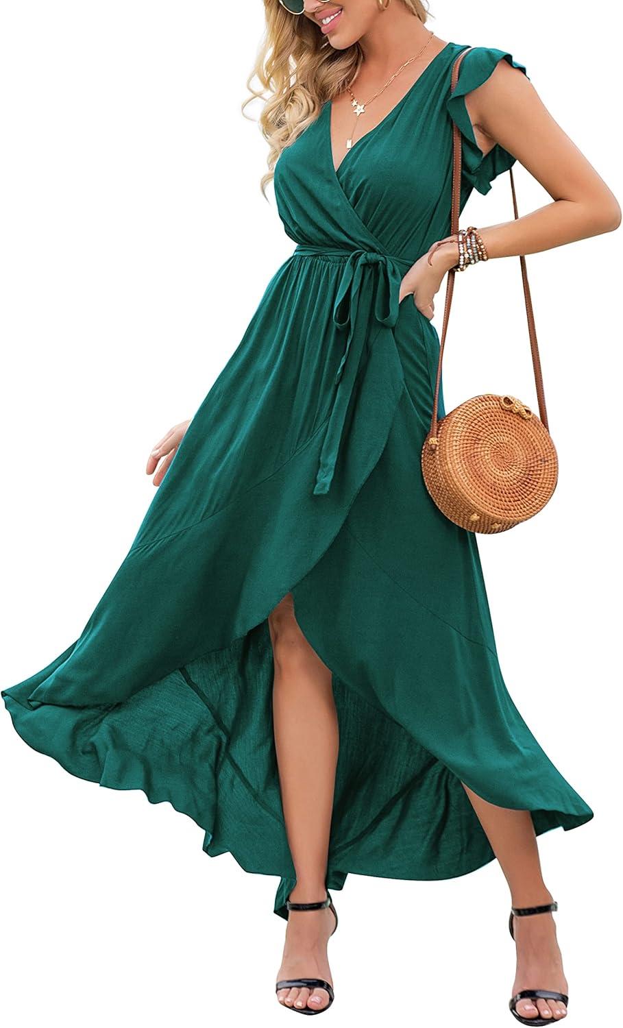 imageGRECERELLE 2026 Womens Spring Summer Boho Floral Print VNeck Faux Wrap Maxi Dress for Wedding Guest Graduation Party04 Dark Green