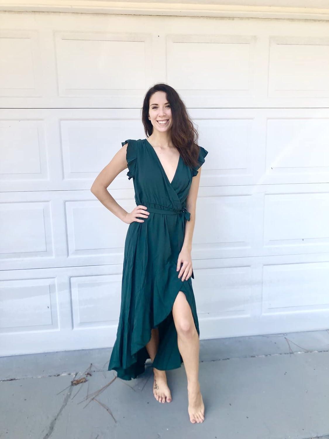 imageGRECERELLE 2026 Womens Spring Summer Boho Floral Print VNeck Faux Wrap Maxi Dress for Wedding Guest Graduation Party04 Dark Green