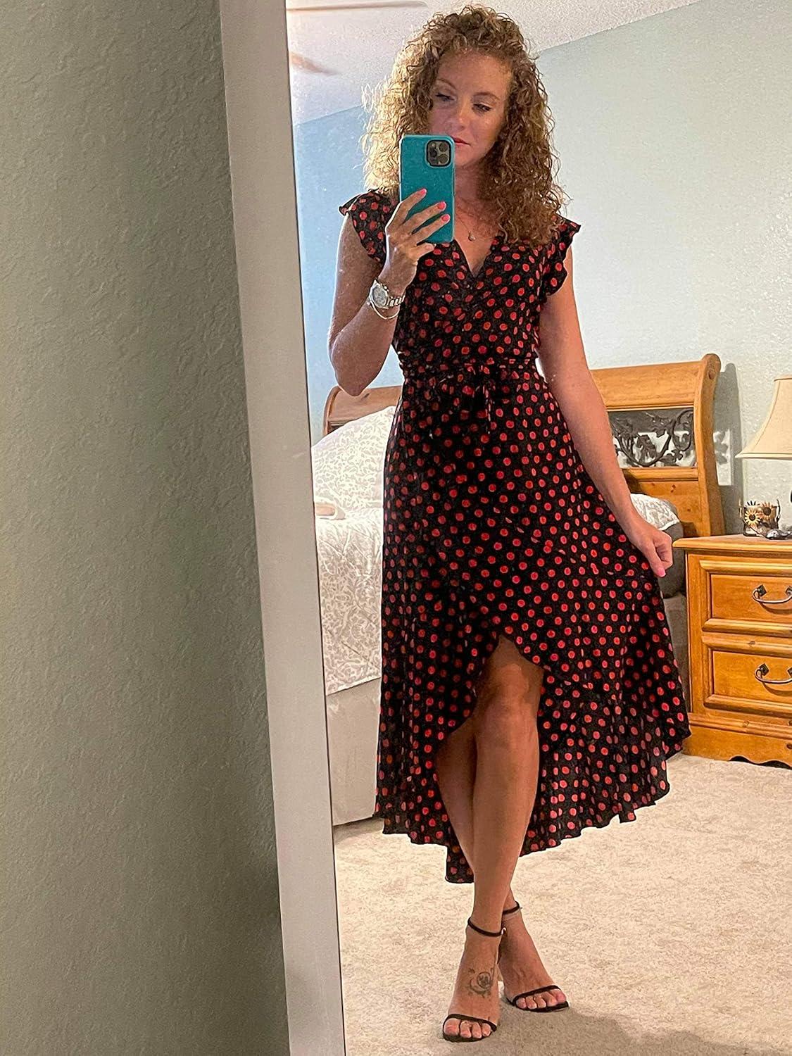 imageGRECERELLE 2026 Womens Spring Summer Boho Floral Print VNeck Faux Wrap Maxi Dress for Wedding Guest Graduation Party12 Polka Dotsred Black