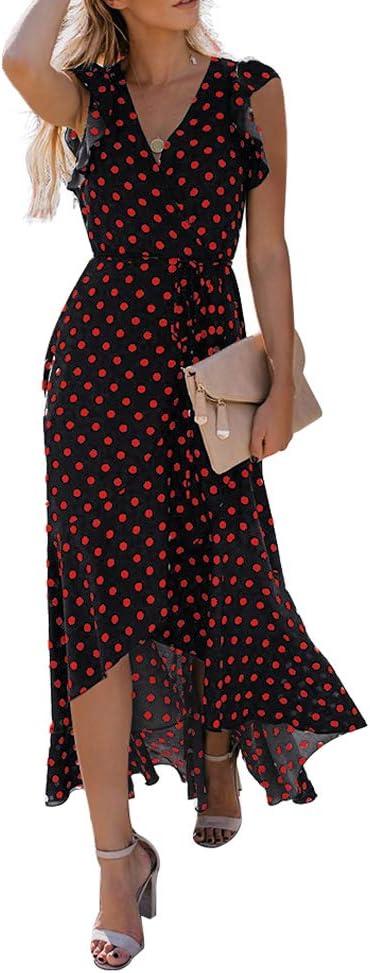 imageGRECERELLE 2026 Womens Spring Summer Boho Floral Print VNeck Faux Wrap Maxi Dress for Wedding Guest Graduation Party12 Polka Dotsred Black