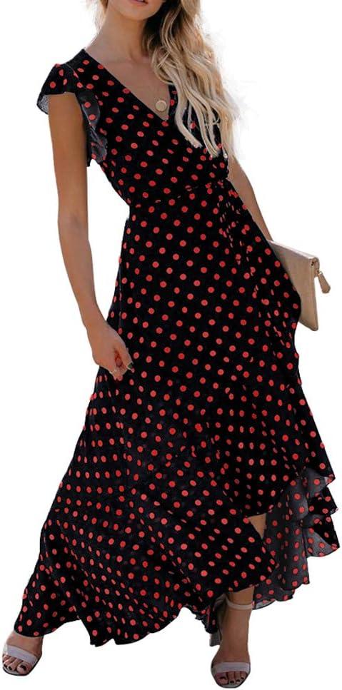 imageGRECERELLE 2026 Womens Spring Summer Boho Floral Print VNeck Faux Wrap Maxi Dress for Wedding Guest Graduation Party12 Polka Dotsred Black