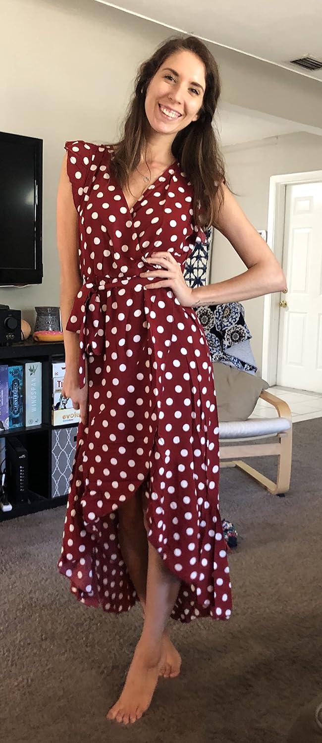 imageGRECERELLE 2026 Womens Spring Summer Boho Floral Print VNeck Faux Wrap Maxi Dress for Wedding Guest Graduation Party14 Polka Dotswine Red