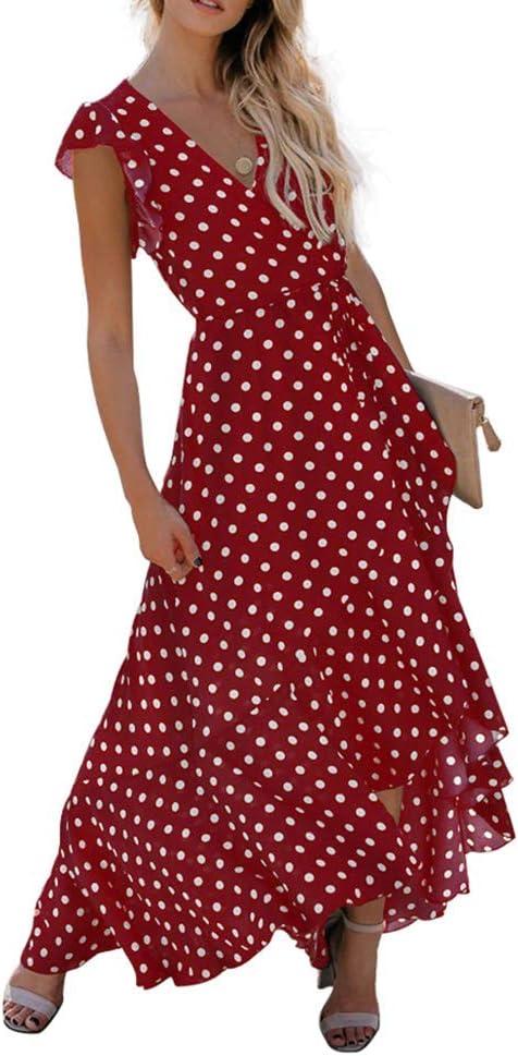 imageGRECERELLE 2026 Womens Spring Summer Boho Floral Print VNeck Faux Wrap Maxi Dress for Wedding Guest Graduation Party14 Polka Dotswine Red