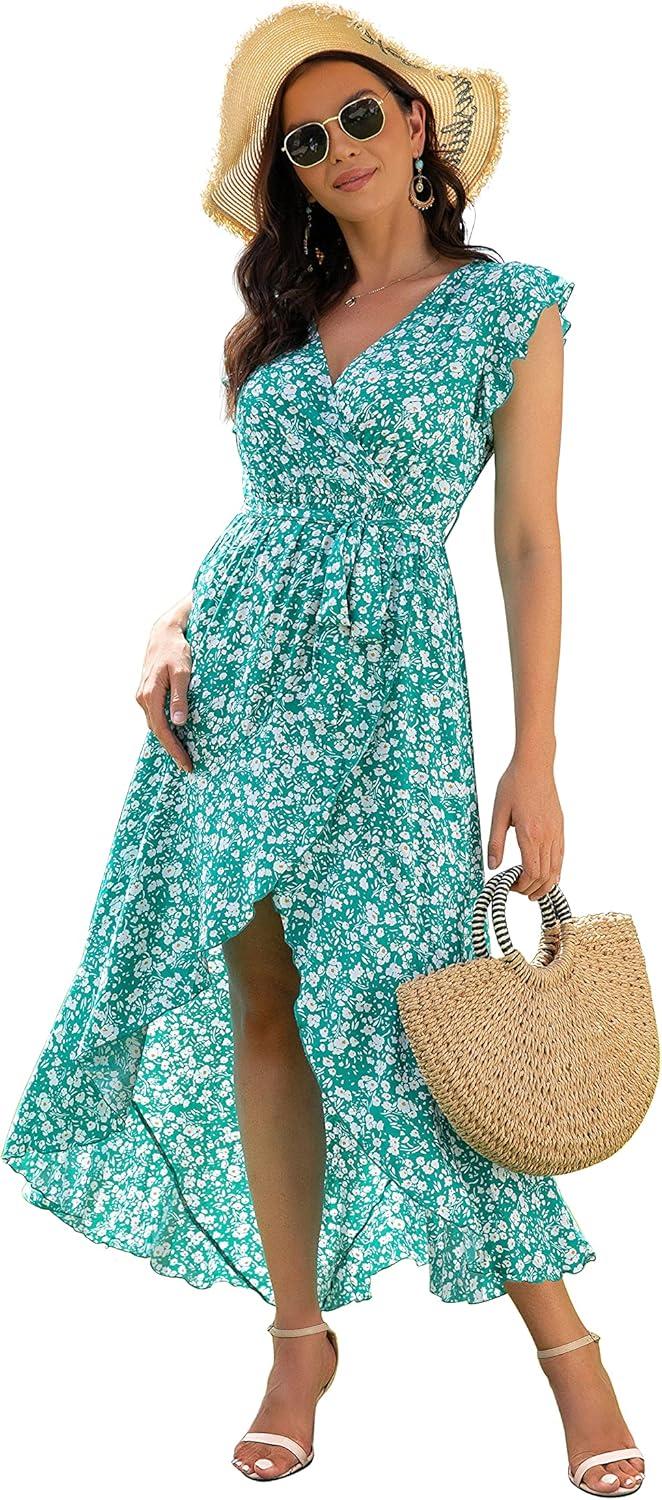 imageGRECERELLE 2026 Womens Spring Summer Boho Floral Print VNeck Faux Wrap Maxi Dress for Wedding Guest Graduation Party22 Fp Cherryblossomgreen