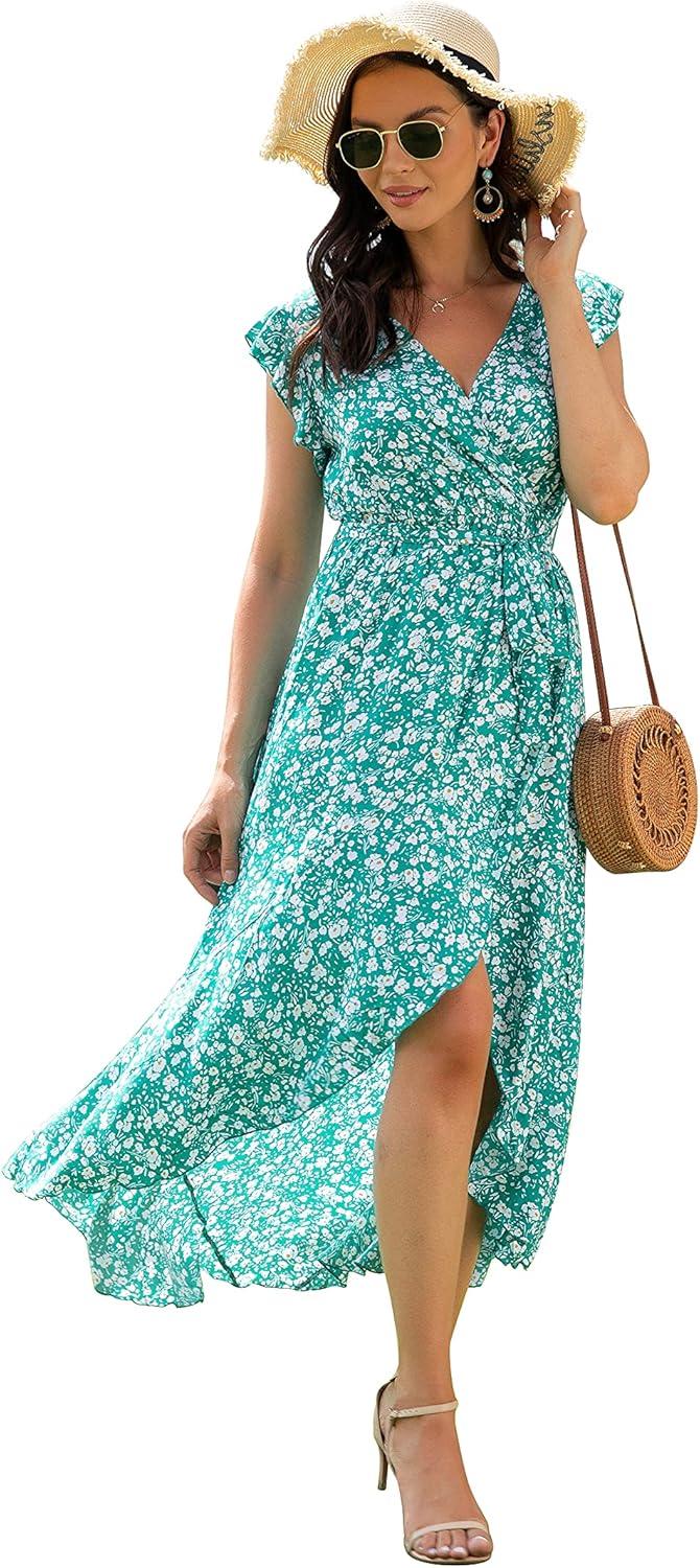imageGRECERELLE 2026 Womens Spring Summer Boho Floral Print VNeck Faux Wrap Maxi Dress for Wedding Guest Graduation Party22 Fp Cherryblossomgreen