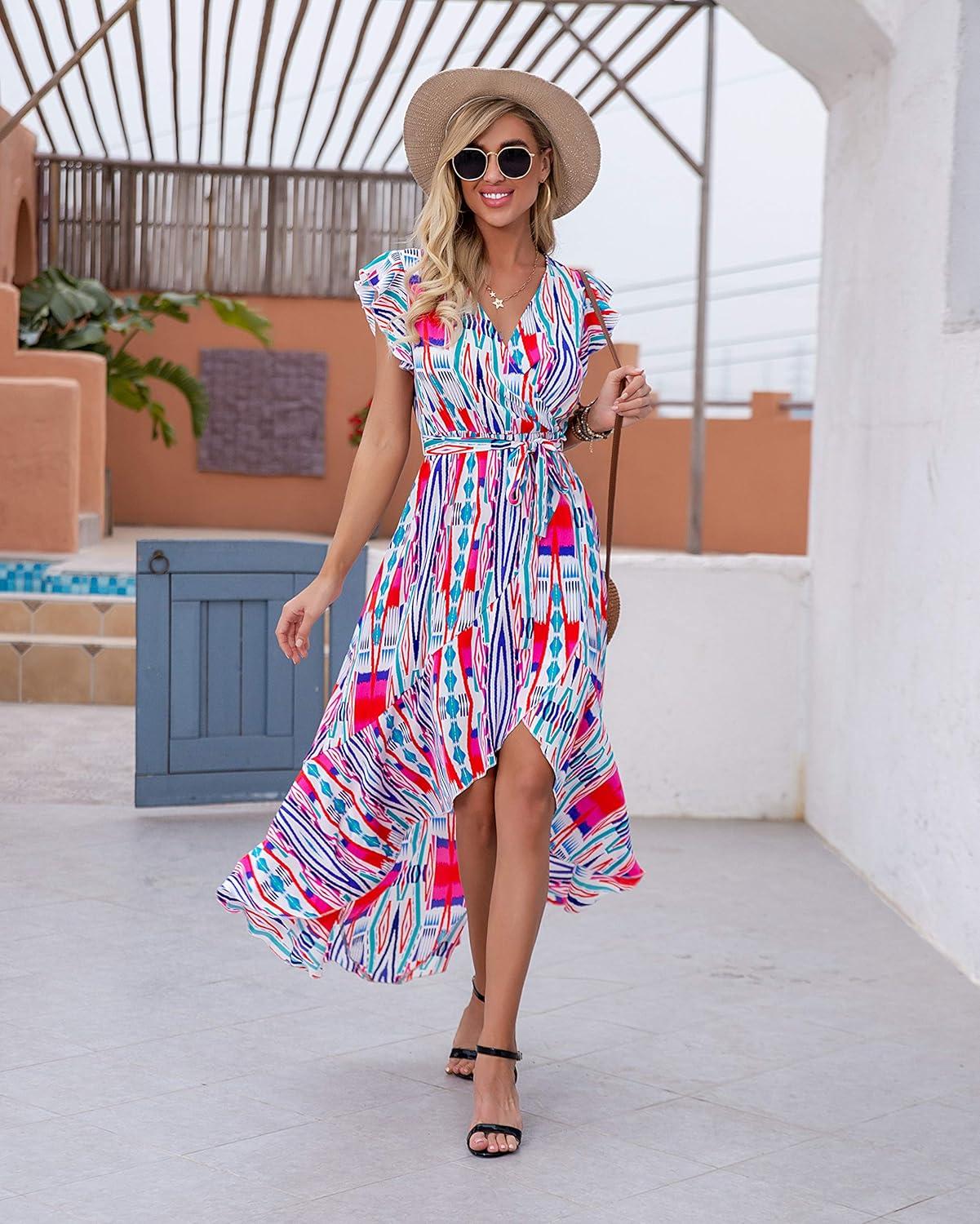 imageGRECERELLE 2026 Womens Spring Summer Boho Floral Print VNeck Faux Wrap Maxi Dress for Wedding Guest Graduation Party41 Fp Multicolor Blue Green