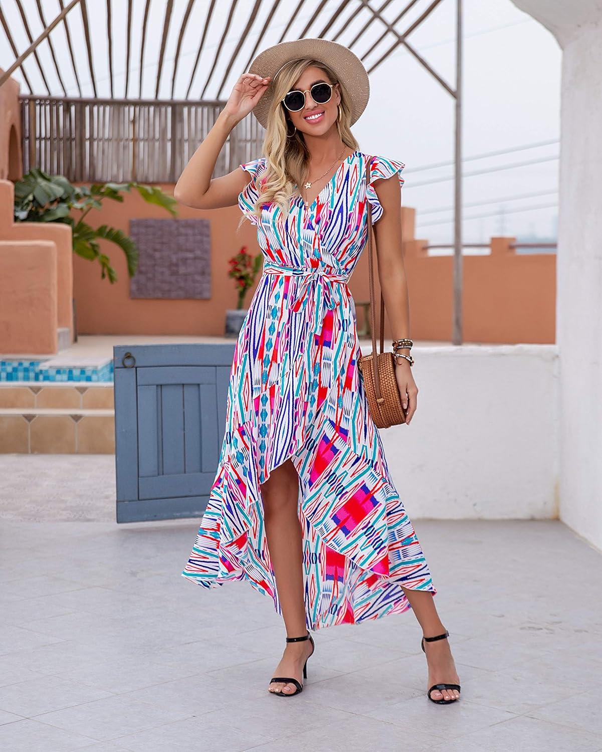 imageGRECERELLE 2026 Womens Spring Summer Boho Floral Print VNeck Faux Wrap Maxi Dress for Wedding Guest Graduation Party41 Fp Multicolor Blue Green