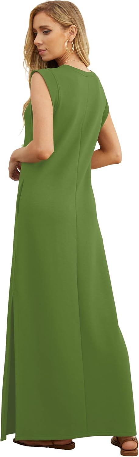 imageGRECERELLE 2026 Women YearRound Casual Round Neck Loose Split WrinkleFree Long Maxi Vacation Dress with Pockets XXS4XLDill Green