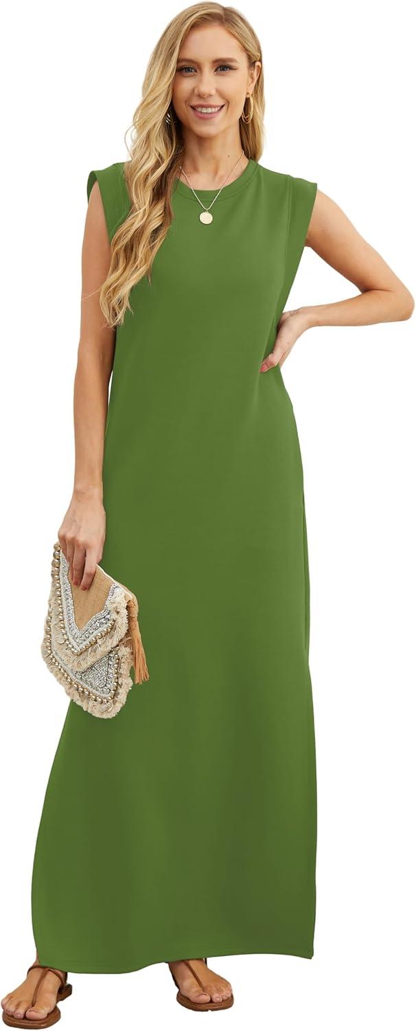 imageGRECERELLE 2026 Women YearRound Casual Round Neck Loose Split WrinkleFree Long Maxi Vacation Dress with Pockets XXS4XLDill Green