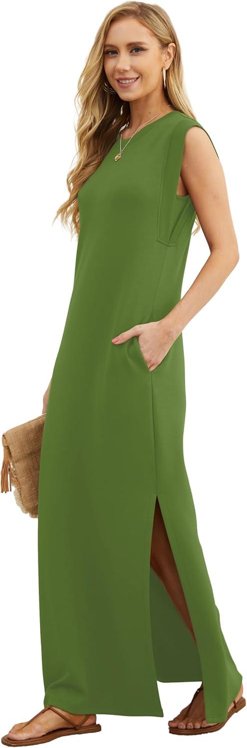 imageGRECERELLE 2026 Women YearRound Casual Round Neck Loose Split WrinkleFree Long Maxi Vacation Dress with Pockets XXS4XLDill Green