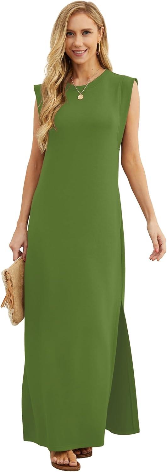 imageGRECERELLE 2026 Women YearRound Casual Round Neck Loose Split WrinkleFree Long Maxi Vacation Dress with Pockets XXS4XLDill Green