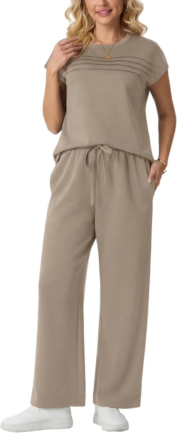 imageGRECERELLE Two Piece Set for Women Summer Cap Sleeve Tops Wide Leg Pants Lounge Sets Vacation Travel Outfits with PocketCoffee Gray