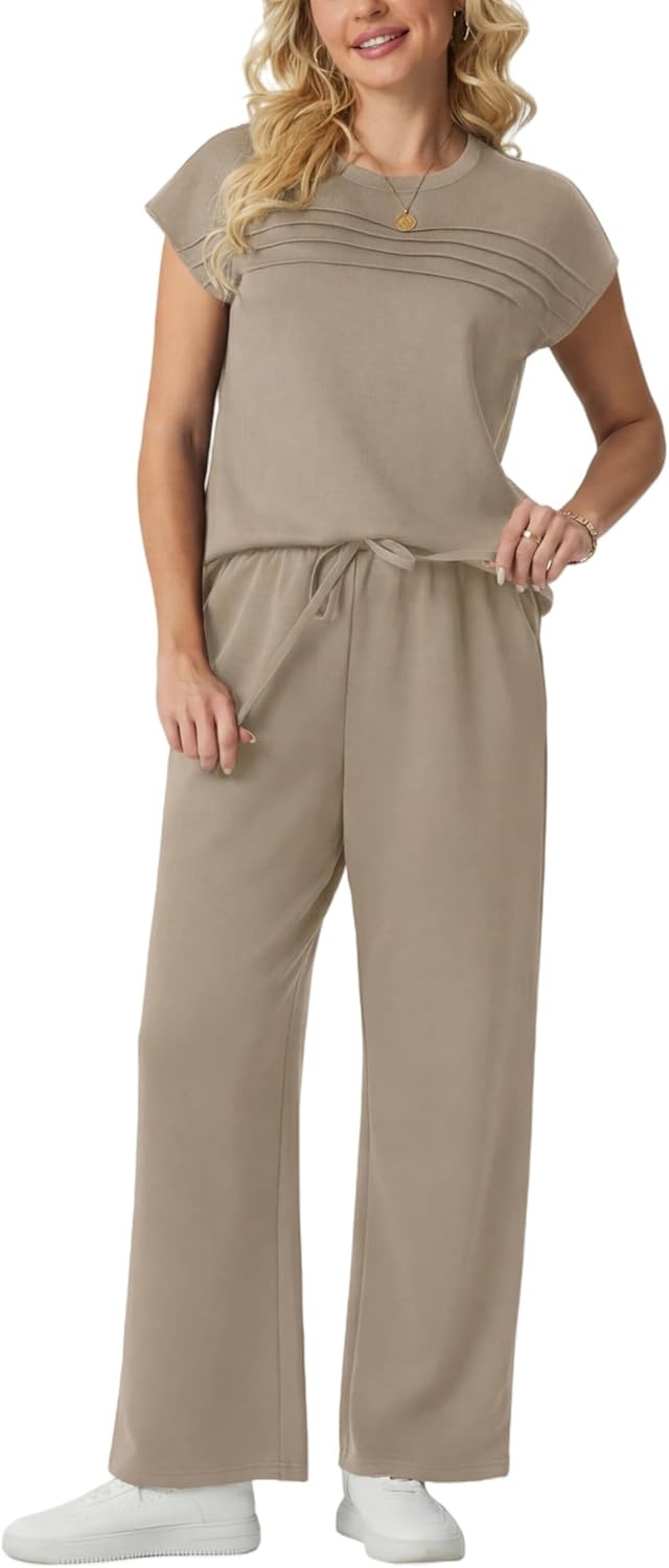imageGRECERELLE Two Piece Set for Women Summer Cap Sleeve Tops Wide Leg Pants Lounge Sets Vacation Travel Outfits with PocketCoffee Gray