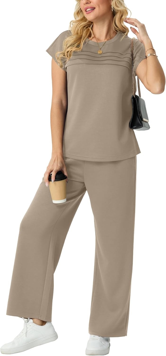 imageGRECERELLE Two Piece Set for Women Summer Cap Sleeve Tops Wide Leg Pants Lounge Sets Vacation Travel Outfits with PocketCoffee Gray