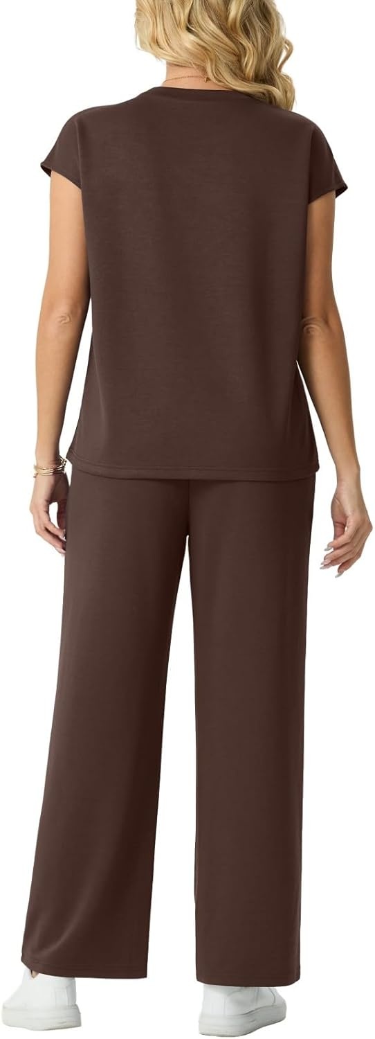 imageGRECERELLE Two Piece Set for Women Summer Cap Sleeve Tops Wide Leg Pants Lounge Sets Vacation Travel Outfits with PocketDark Coffee