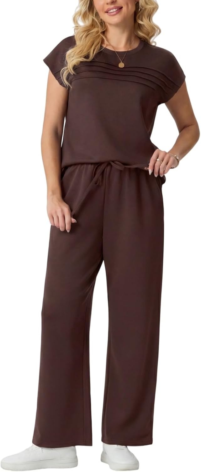 imageGRECERELLE Two Piece Set for Women Summer Cap Sleeve Tops Wide Leg Pants Lounge Sets Vacation Travel Outfits with PocketDark Coffee