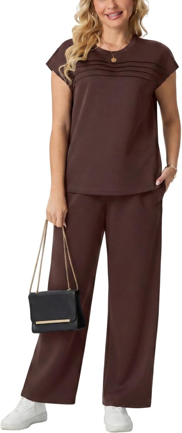 imageGRECERELLE Two Piece Set for Women Summer Cap Sleeve Tops Wide Leg Pants Lounge Sets Vacation Travel Outfits with PocketDark Coffee