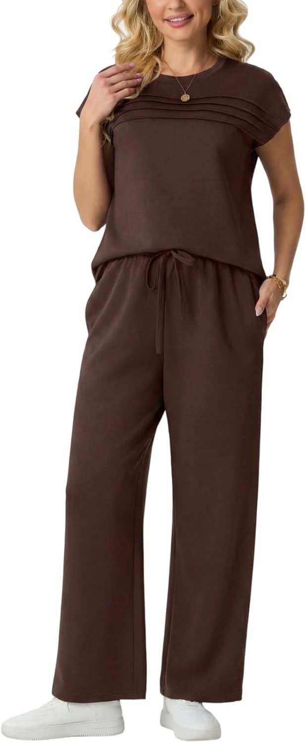 imageGRECERELLE Two Piece Set for Women Summer Cap Sleeve Tops Wide Leg Pants Lounge Sets Vacation Travel Outfits with PocketDark Coffee
