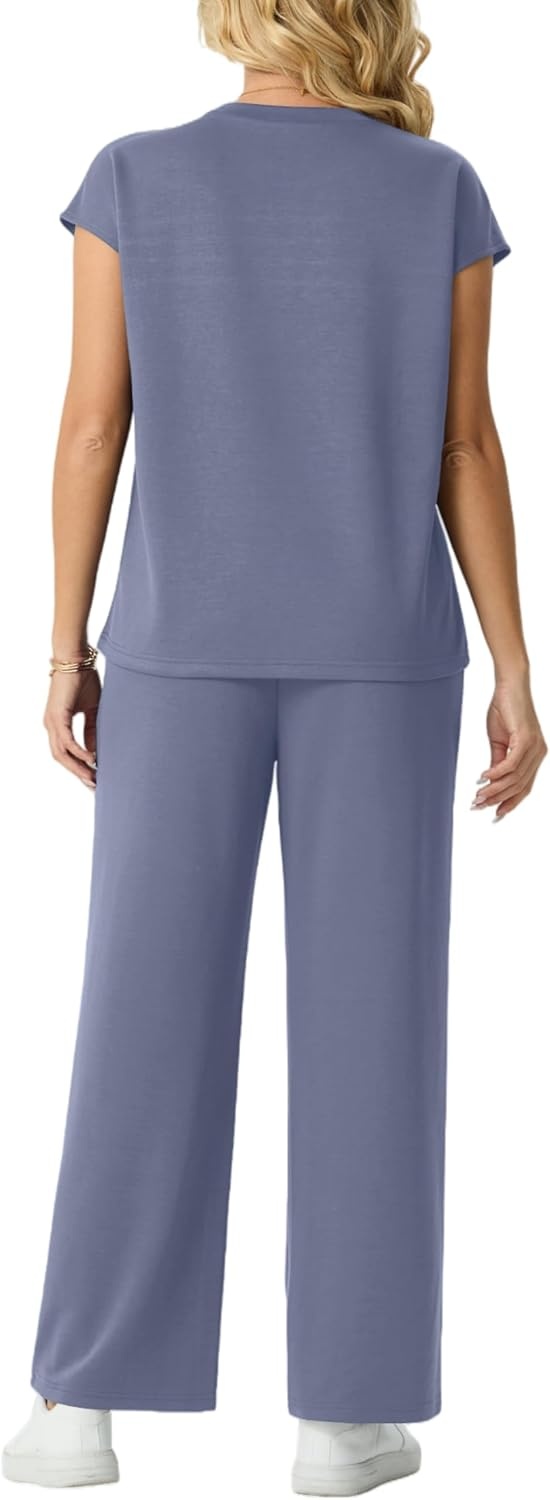 imageGRECERELLE Two Piece Set for Women Summer Cap Sleeve Tops Wide Leg Pants Lounge Sets Vacation Travel Outfits with PocketHaze Blue