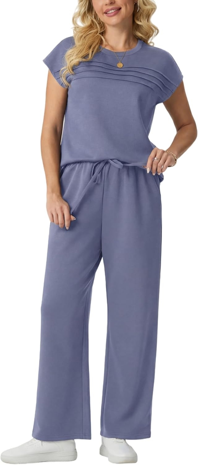 imageGRECERELLE Two Piece Set for Women Summer Cap Sleeve Tops Wide Leg Pants Lounge Sets Vacation Travel Outfits with PocketHaze Blue