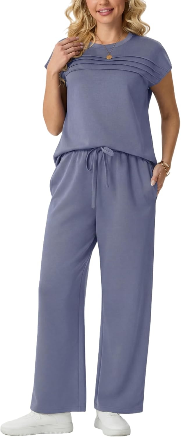 imageGRECERELLE Two Piece Set for Women Summer Cap Sleeve Tops Wide Leg Pants Lounge Sets Vacation Travel Outfits with PocketHaze Blue