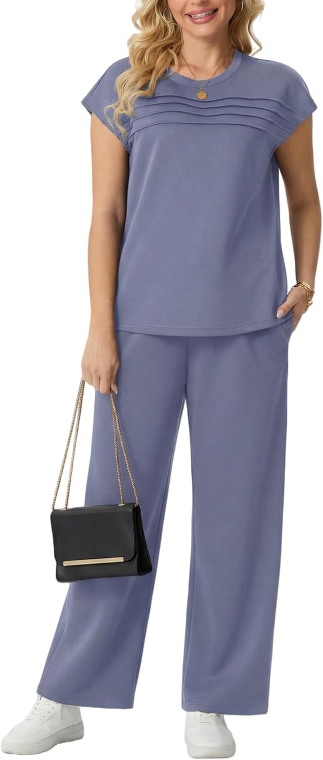 imageGRECERELLE Two Piece Set for Women Summer Cap Sleeve Tops Wide Leg Pants Lounge Sets Vacation Travel Outfits with PocketHaze Blue