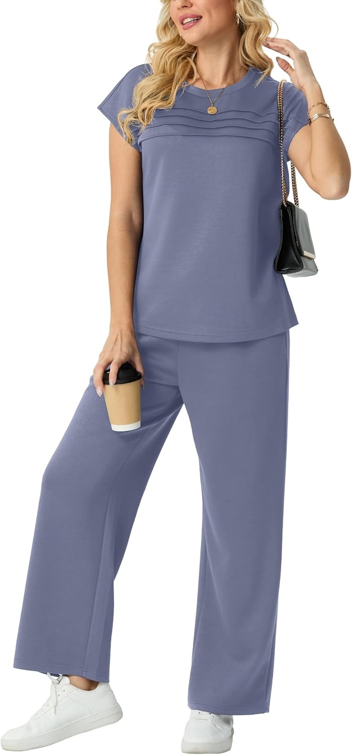 imageGRECERELLE Two Piece Set for Women Summer Cap Sleeve Tops Wide Leg Pants Lounge Sets Vacation Travel Outfits with PocketHaze Blue