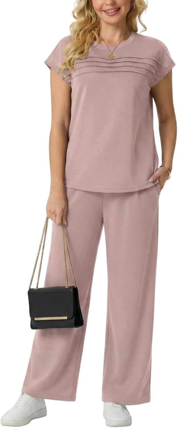 imageGRECERELLE Two Piece Set for Women Summer Cap Sleeve Tops Wide Leg Pants Lounge Sets Vacation Travel Outfits with PocketRose Pink