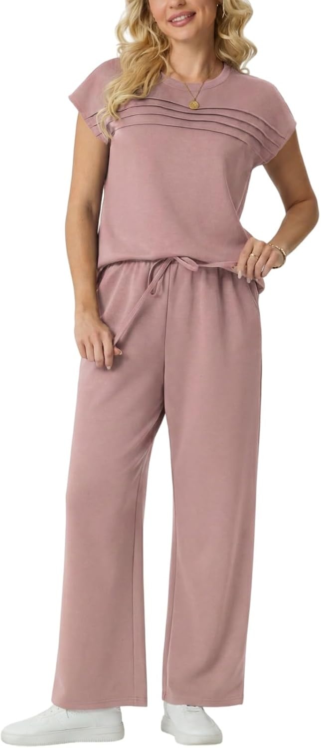 imageGRECERELLE Two Piece Set for Women Summer Cap Sleeve Tops Wide Leg Pants Lounge Sets Vacation Travel Outfits with PocketRose Pink