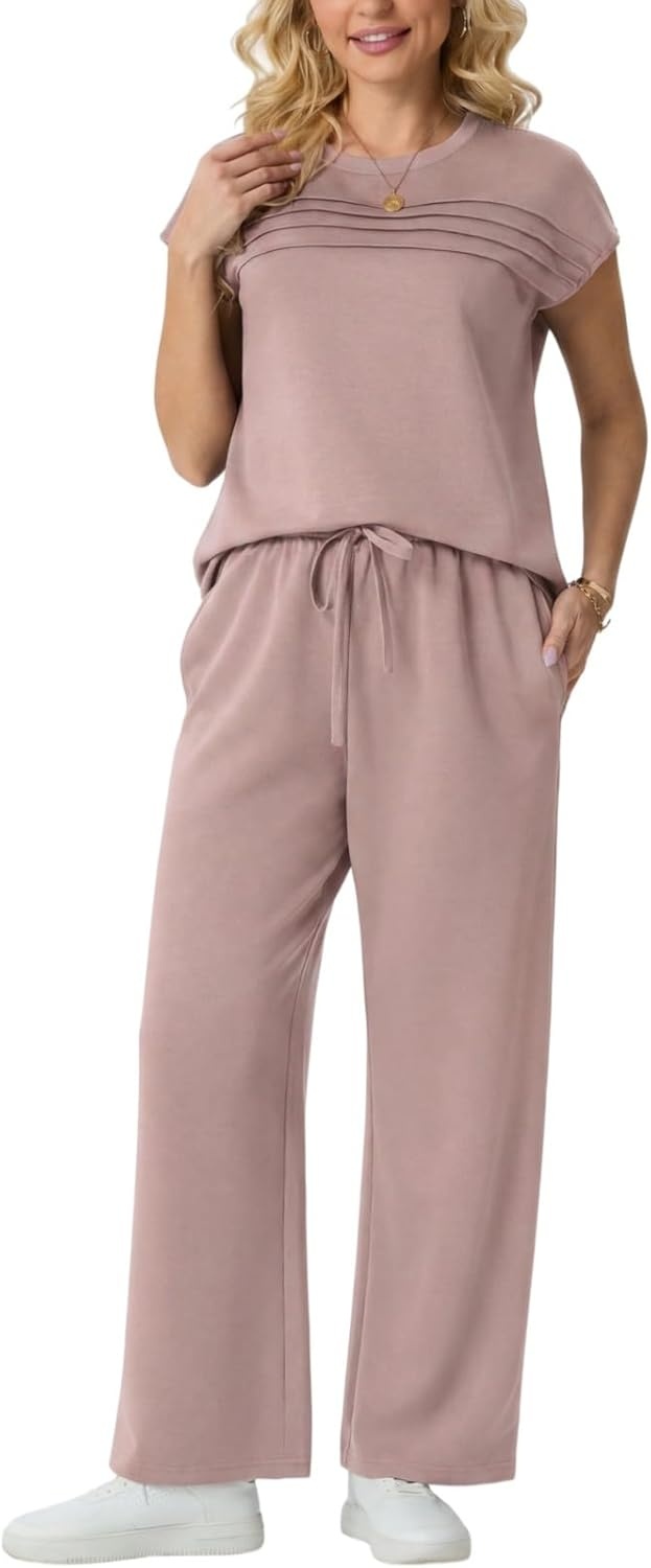 imageGRECERELLE Two Piece Set for Women Summer Cap Sleeve Tops Wide Leg Pants Lounge Sets Vacation Travel Outfits with PocketRose Pink