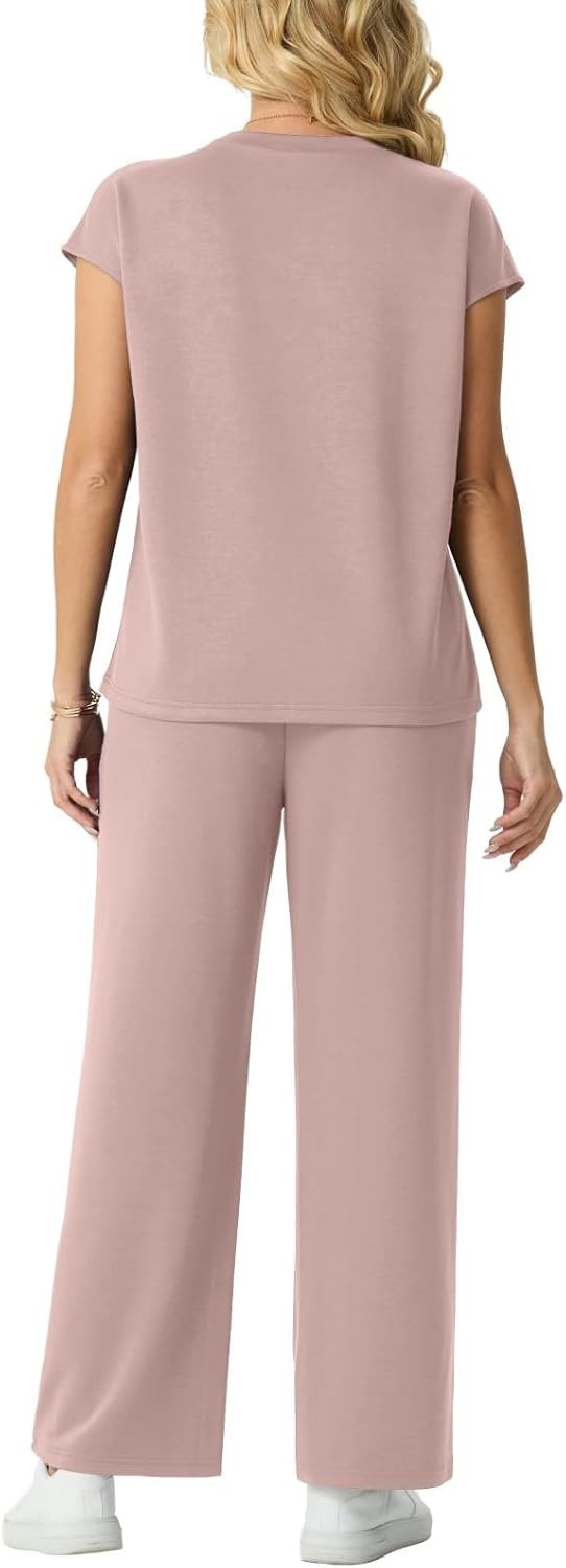 imageGRECERELLE Two Piece Set for Women Summer Cap Sleeve Tops Wide Leg Pants Lounge Sets Vacation Travel Outfits with PocketRose Pink