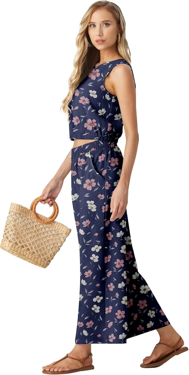 image:imageGRECERELLE Two Piece Sets for Women Sleeveless Crop Top Wide Leg Pants Sweat Set for Women Tracksuits 2026 SummerBlue Pink Wh Flower