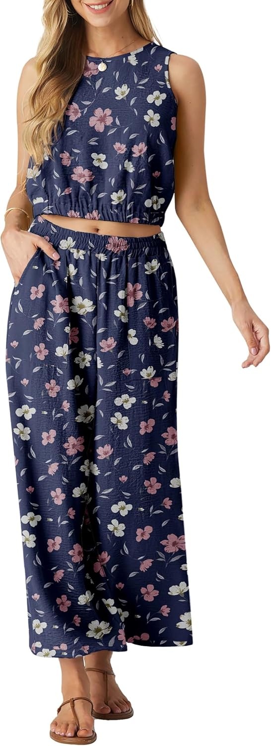image:imageGRECERELLE Two Piece Sets for Women Sleeveless Crop Top Wide Leg Pants Sweat Set for Women Tracksuits 2026 SummerBlue Pink Wh Flower