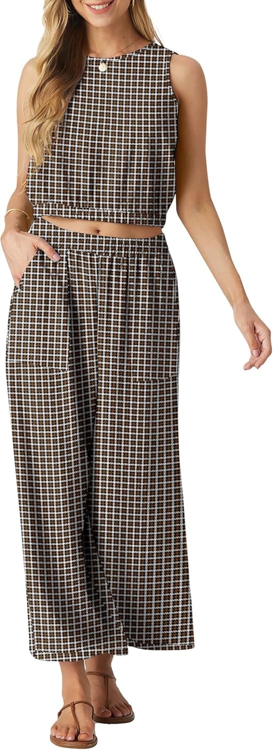 image:imageGRECERELLE Two Piece Sets for Women Sleeveless Crop Top Wide Leg Pants Sweat Set for Women Tracksuits 2026 SummerWh Brown Pinstripe