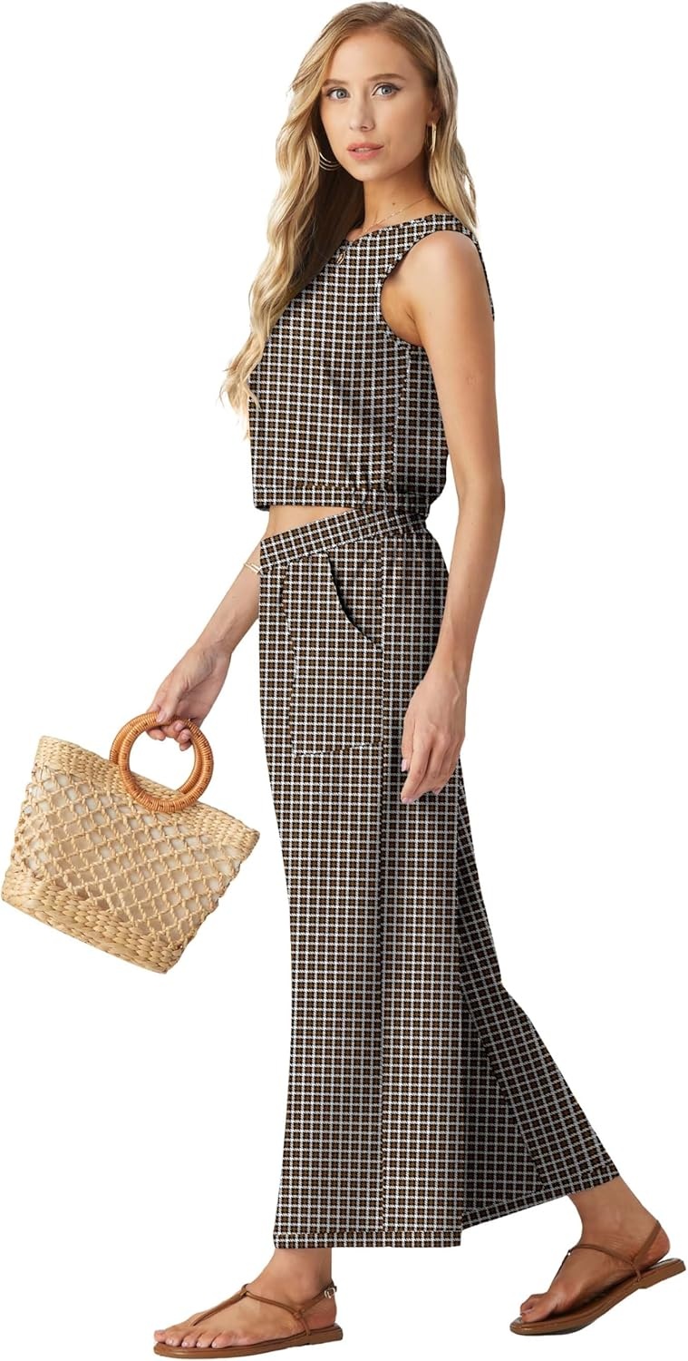 image:imageGRECERELLE Two Piece Sets for Women Sleeveless Crop Top Wide Leg Pants Sweat Set for Women Tracksuits 2026 SummerWh Brown Pinstripe