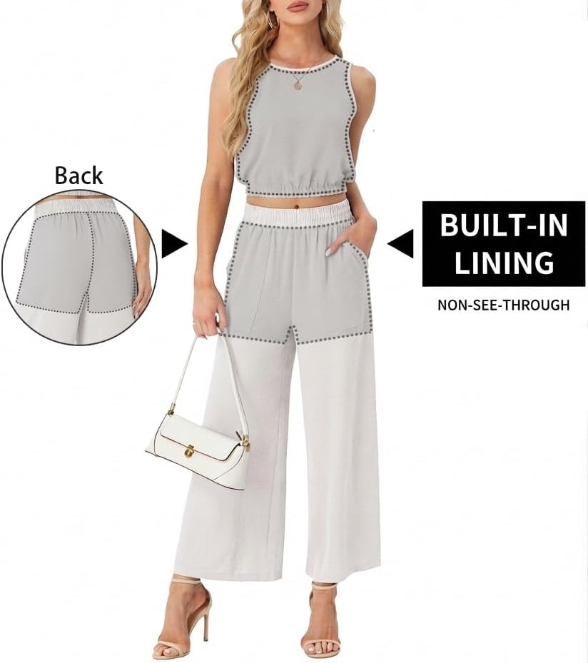 image:imageGRECERELLE Two Piece Sets for Women Sleeveless Crop Top Wide Leg Pants Sweat Set for Women Tracksuits 2026 SummerWhite