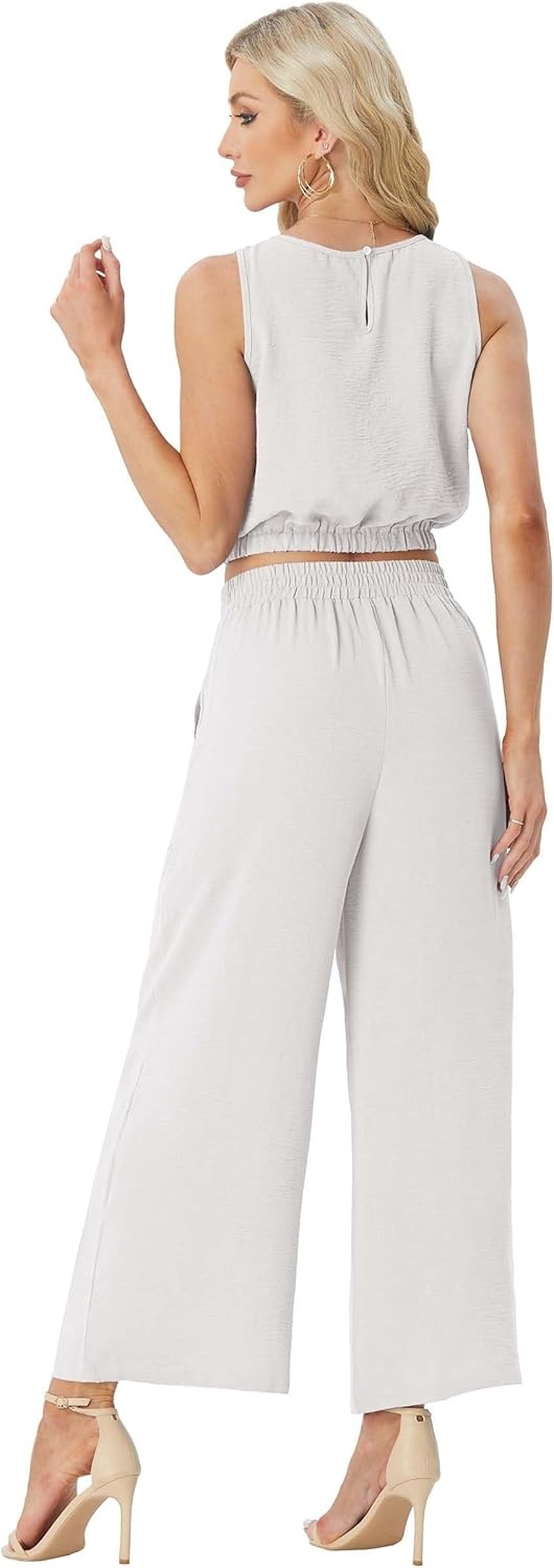 image:imageGRECERELLE Two Piece Sets for Women Sleeveless Crop Top Wide Leg Pants Sweat Set for Women Tracksuits 2026 SummerWhite