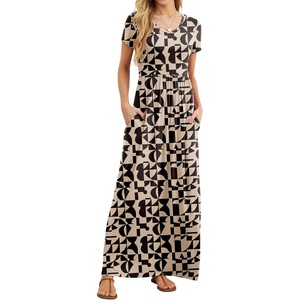 GRECERELLE Women Summer Casual Maxi Long Dress Short Sleeve Crew Neck with Pockets, Size S-3XL(Apricot Geometry)