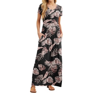 GRECERELLE Women Summer Casual Maxi Long Dress Short Sleeve Crew Neck with Pockets, Size S-3XL(Black Palm Leaf)