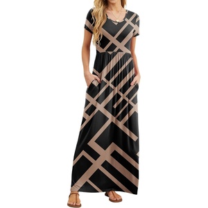 GRECERELLE Women Summer Casual Maxi Long Dress Short Sleeve Crew Neck with Pockets, Size S-3XL(Black Rectangle)