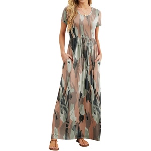 GRECERELLE Women Summer Casual Maxi Long Dress Short Sleeve Crew Neck with Pockets, Size S-3XL(Camou Green Pink)