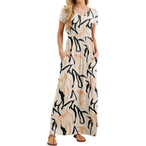 GRECERELLE Women Summer Casual Maxi Long Dress Short Sleeve Crew Neck with Pockets, Size S-3XL(Geometric Ribbon)