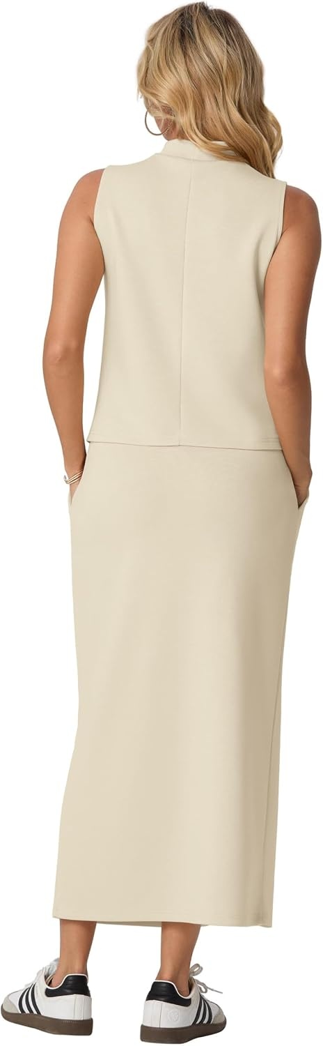 image:imageGRECERELLE 2026 Women Summer Casual 2 Piece Sets MockNeck WrinkleFree Top amp Elastic Waist Midi Side Slit Skirt with PocketsApricot White