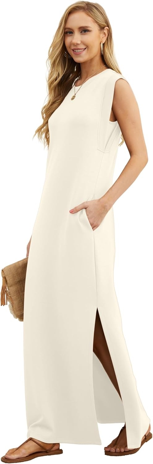image:imageGRECERELLE 2026 Women YearRound Casual Round Neck Loose Split WrinkleFree Long Maxi Vacation Dress with Pockets XXS4XLLight Apricot
