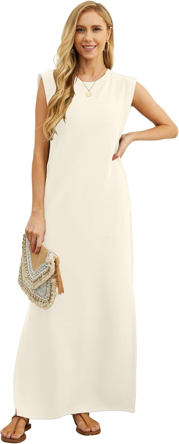 image:imageGRECERELLE 2026 Women YearRound Casual Round Neck Loose Split WrinkleFree Long Maxi Vacation Dress with Pockets XXS4XLLight Apricot