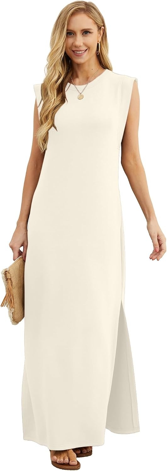 image:imageGRECERELLE 2026 Women YearRound Casual Round Neck Loose Split WrinkleFree Long Maxi Vacation Dress with Pockets XXS4XLLight Apricot